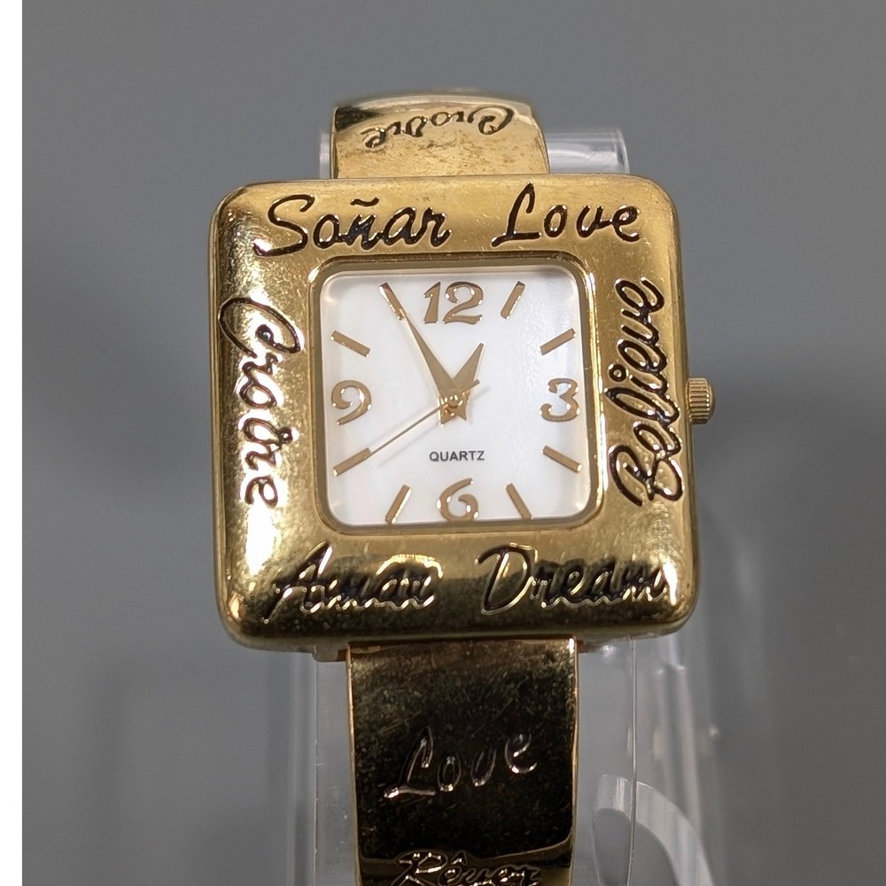 Gold Tone Cuff Watch Love Dream Believe Quote Bracelet Watch 6.5"